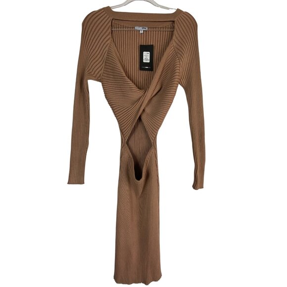 Fashion Nova XL Tan Ribbed Crossover Bodycon Midi Dress Sexy‎ Stretch Feminine - Picture 3 of 6